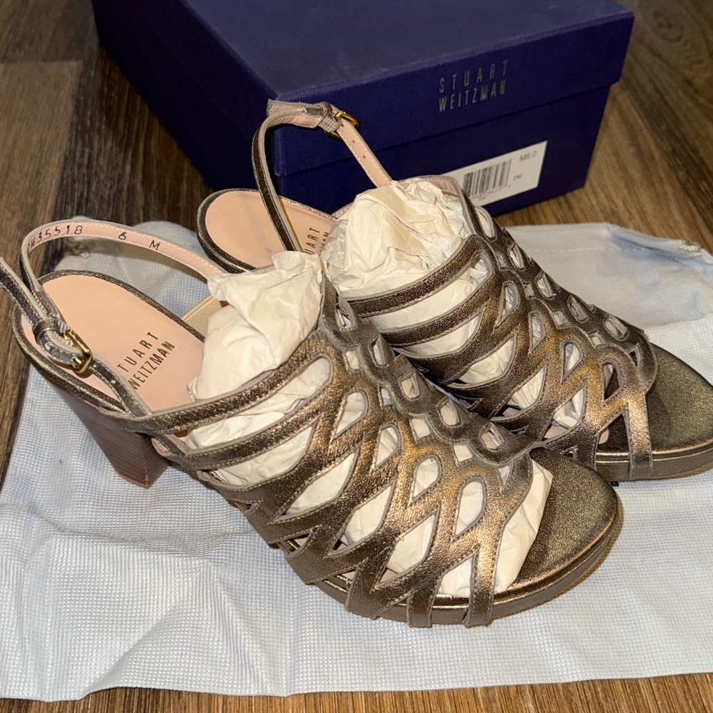 Stuart Weitzman Rollover Heeled Sandals sparkle gold with box and bag Size 6